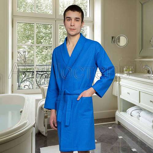Мужской халат банный с воротником запашной "Синий" - фото 2