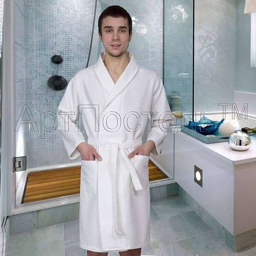 Мужской халат банный с воротником запашной "Белый" - фото 2